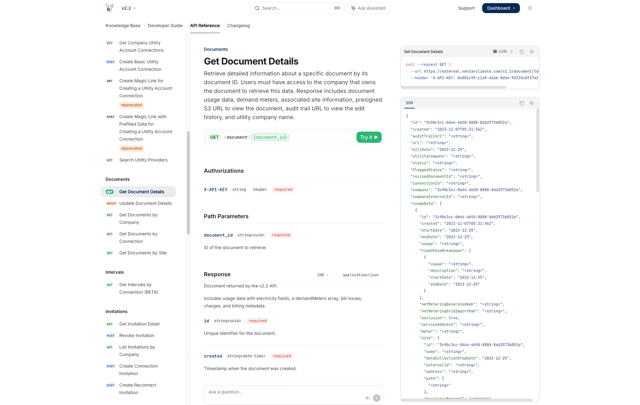 Nectar API reference — documented REST endpoints engineering firms use to source structured bill and interval data