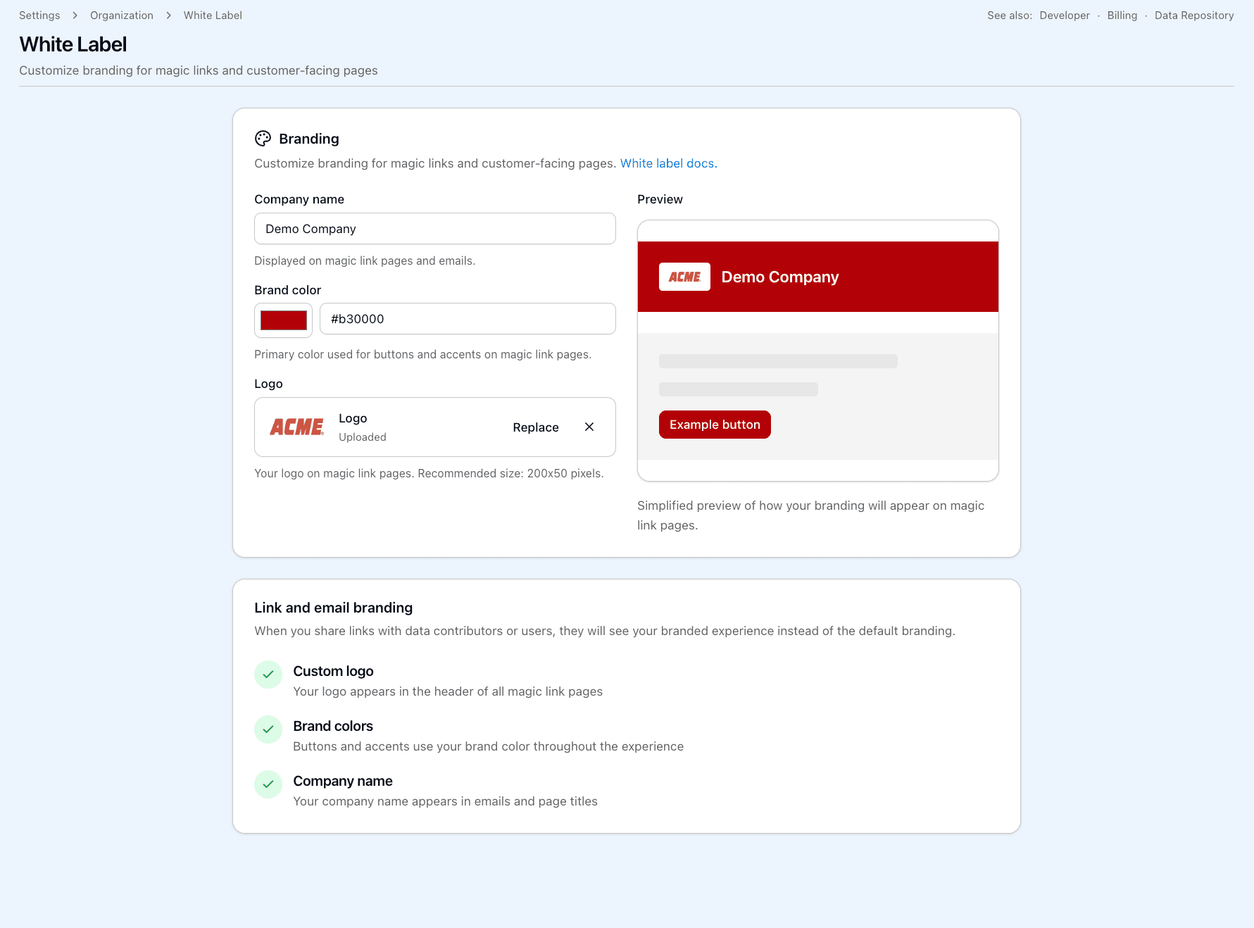 Nectar white-label branding settings — engineering firm logo, brand color, and a live preview of the client portal