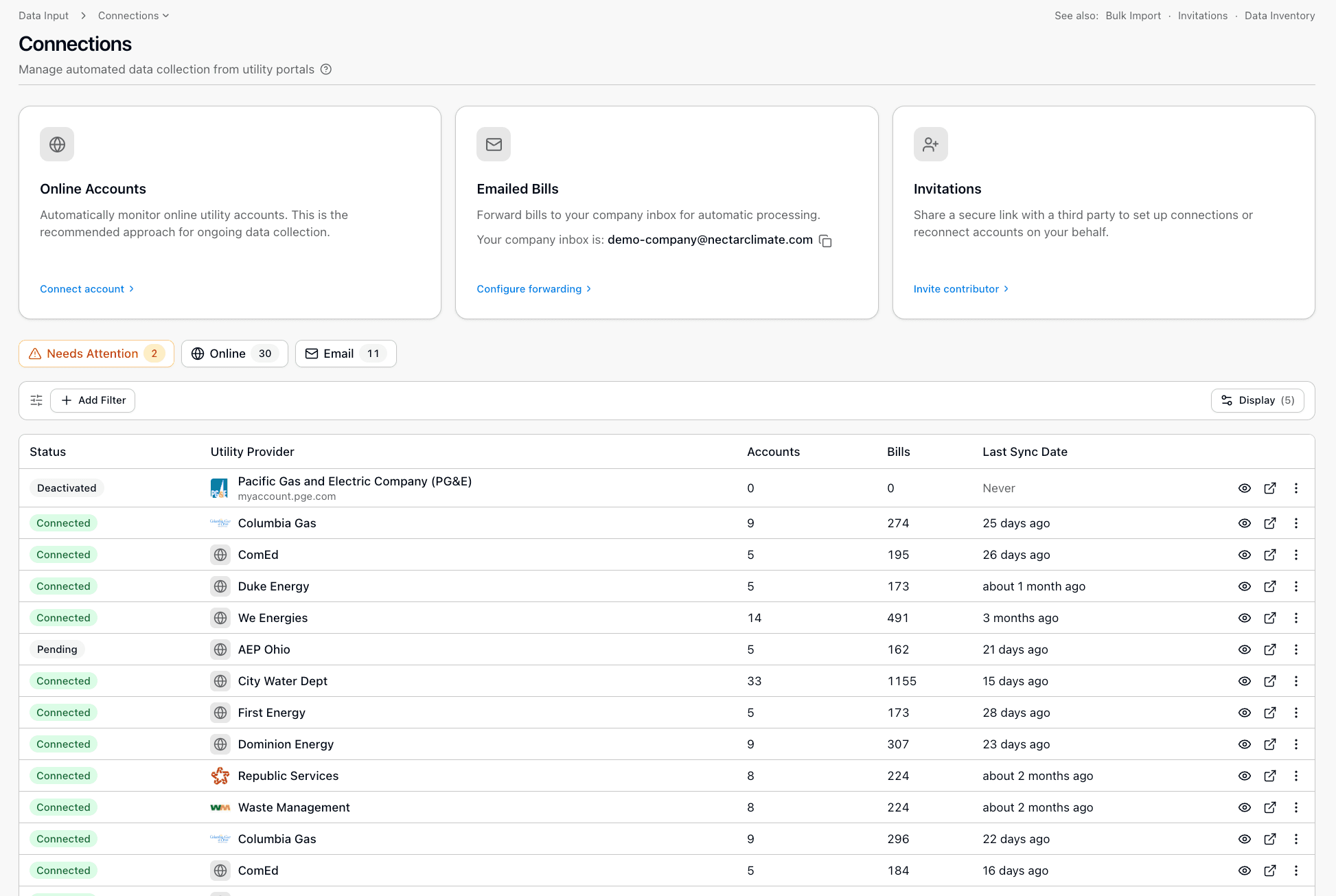 Nectar connections dashboard — automated utility data collection across many client accounts in one workspace